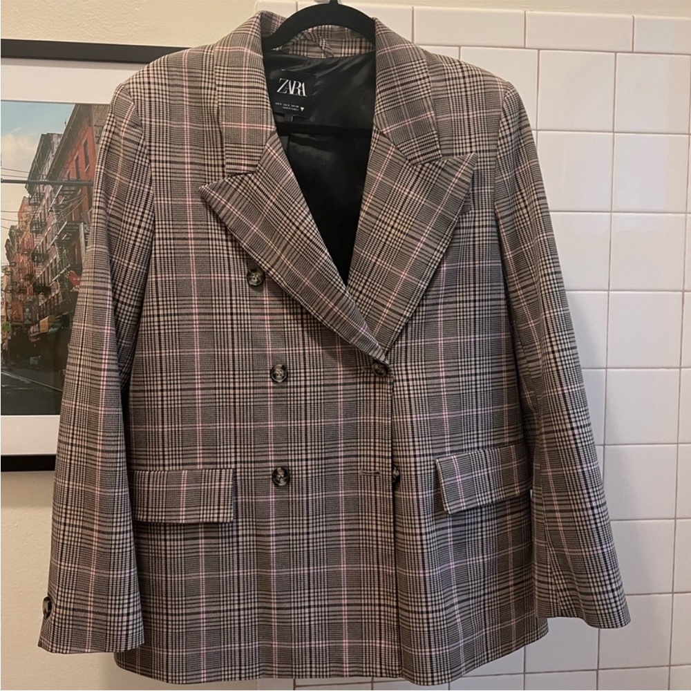 Zara double breasted Plaid Blazer - Tan and Pink